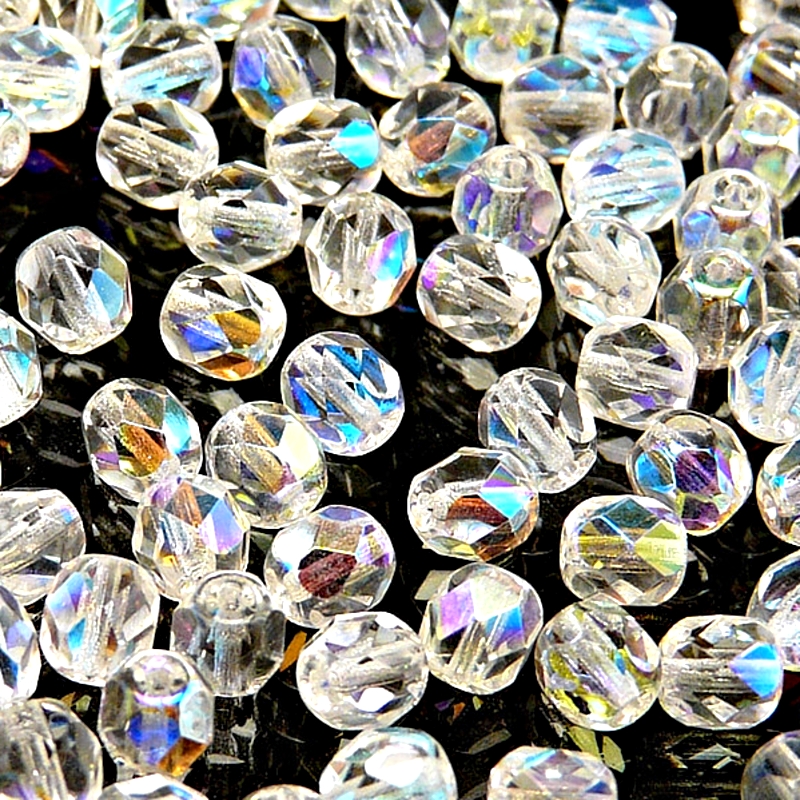 50pcs Czech Fire Polished Faceted Glass Beads Round 6mm Crystal AB Matte