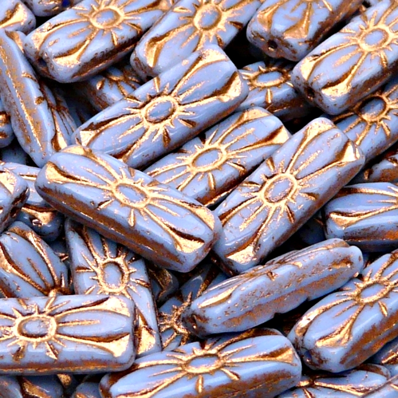 8pcs Czech Pressed Glass Rectangular Beads with Floral Motif 20x8mm Opaque Light Sapphire Bronze Fired Color
