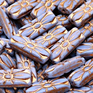 8pcs Czech Pressed Glass Rectangular Beads with Floral Motif 20x8mm Opaque Light Sapphire Bronze Fired Color