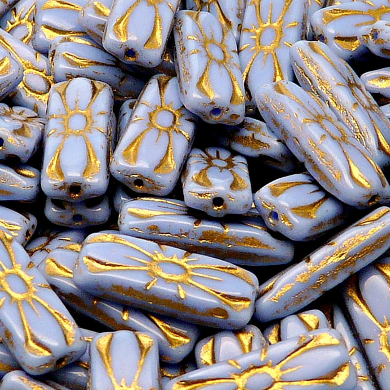 8pcs Czech Pressed Glass Rectangular Beads with Floral Motif 20x8mm Opaque Light Sapphire Golden Fired Color