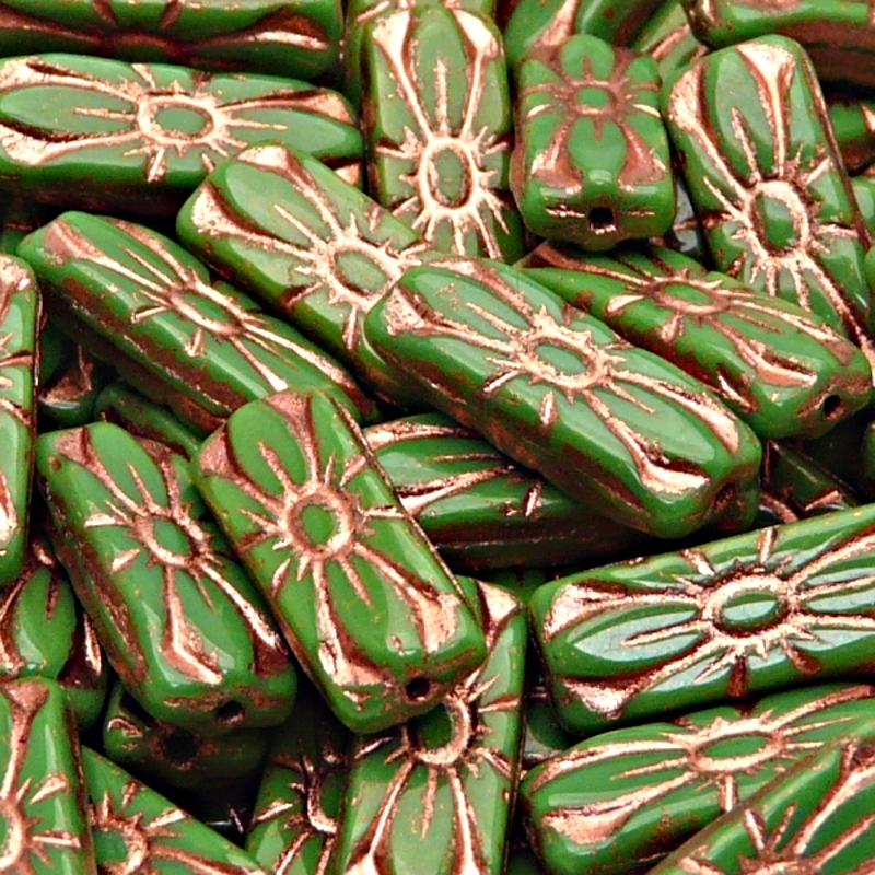 8pcs Czech Pressed Glass Rectangular Beads with Floral Motif 20x8mm Opaque Green Bronze Fired Color