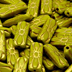 8pcs Czech Pressed Glass Rectangular Beads with Floral Motif 20x8mm Opaque Olivine Golden Fired Color