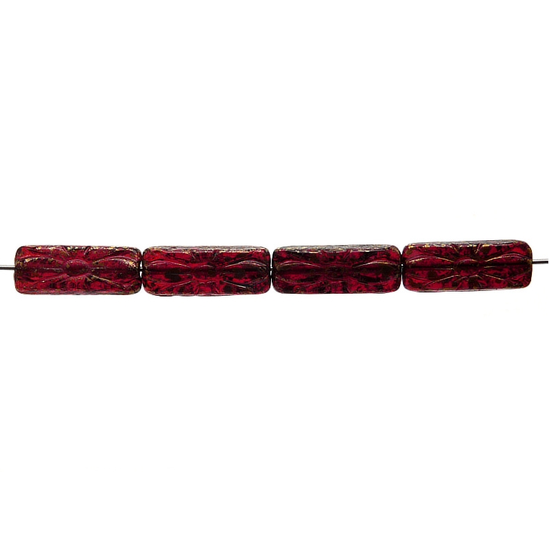 8pcs Czech Pressed Glass Rectangular Beads with Floral Motif 20x8mm Ruby Picasso
