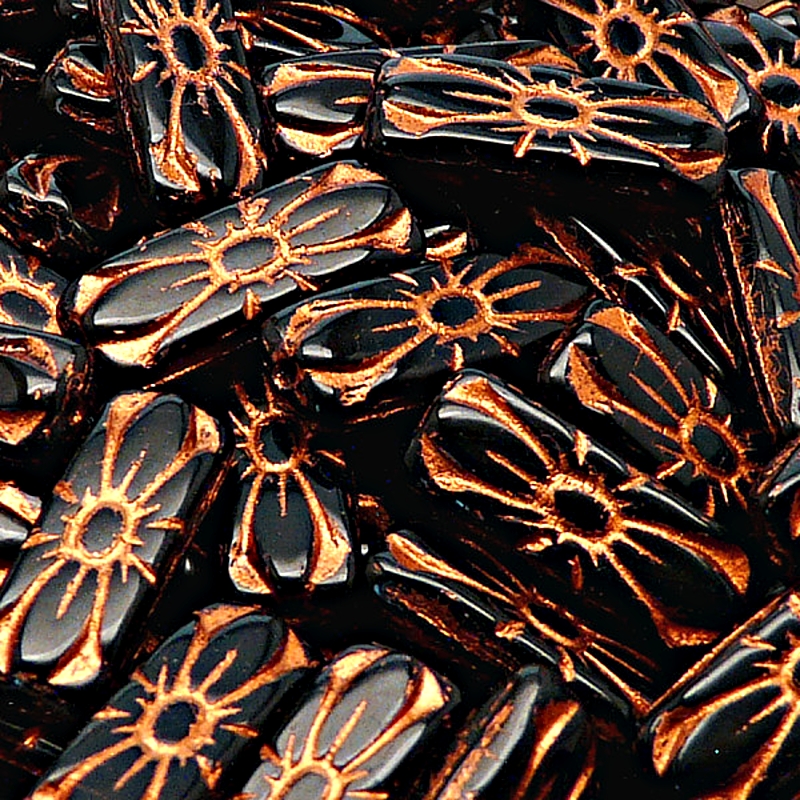 8pcs Czech Pressed Glass Rectangular Beads with Floral Motif 20x8mm Jet Bronze Fired Color
