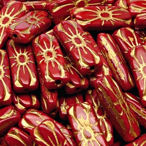 8pcs Czech Pressed Glass Rectangular Beads with Floral Motif 20x8mm Opaque Red Coral Golden Fired Color