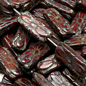 8pcs Czech Pressed Glass Rectangular Beads with Floral Motif 20x8mm Opaque Red Coral Travertin