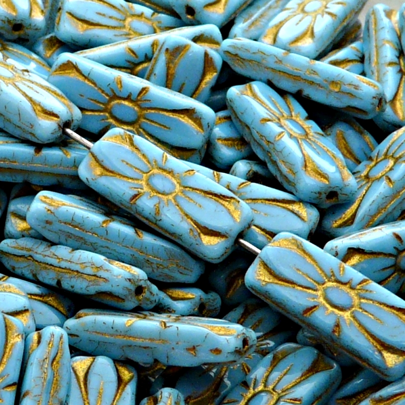 8pcs Czech Pressed Glass Rectangular Beads with Floral Motif 20x8mm Opaque Turquoise Blue Golden Fired Color
