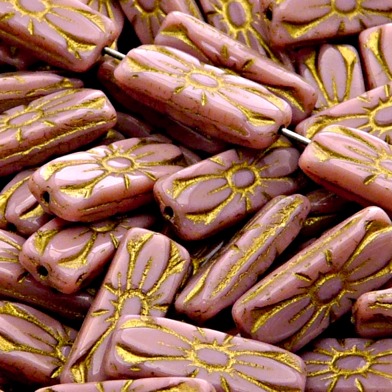 8pcs Czech Pressed Glass Rectangular Beads with Floral Motif 20x8mm Opaque Pink Golden Fired Color