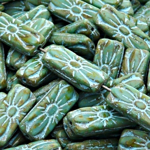 8pcs Czech Pressed Glass Rectangular Beads with Floral Motif 20x8mm Opaque Turquoise Green Travertin Aqua Fired Color