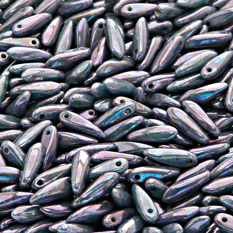 50pcs Czech Pressed Glass Dagger Beads 3x11mm Opaque Turquoise Green Nebula Luster