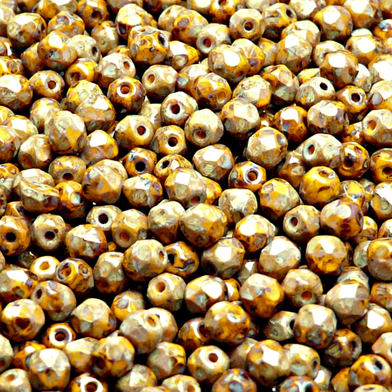 100pcs Czech Fire Polished Faceted Glass Beads Round 4mm Opaque Yellow Travertin