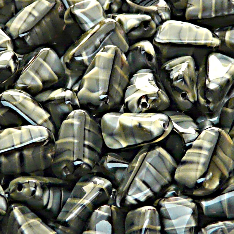 10pcs Czech Pressed Glass Rectangular Beveled Beads 14x9mm Beige Jet Striped Moonlight (26107)