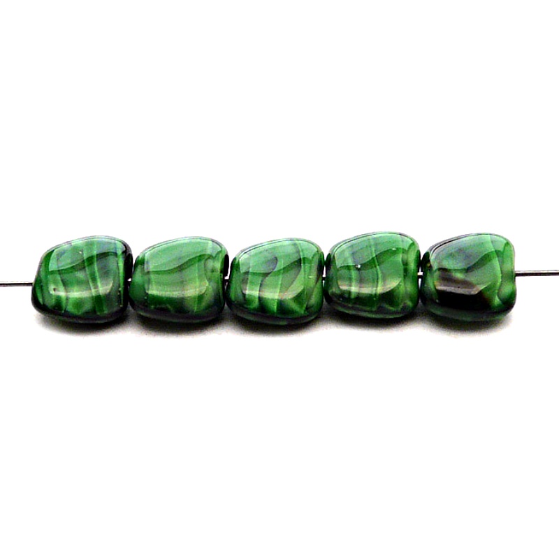 6pcs Czech Pressed Glass Rectangular Kidney Nugget Beads 13x15mm Emerald Jet Striped Moonlight (26507)