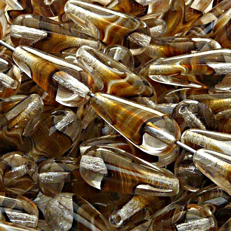 8pcs Czech Pressed Glass Drop Beads 20x9mm Crystal With Brown White Stripes Inside