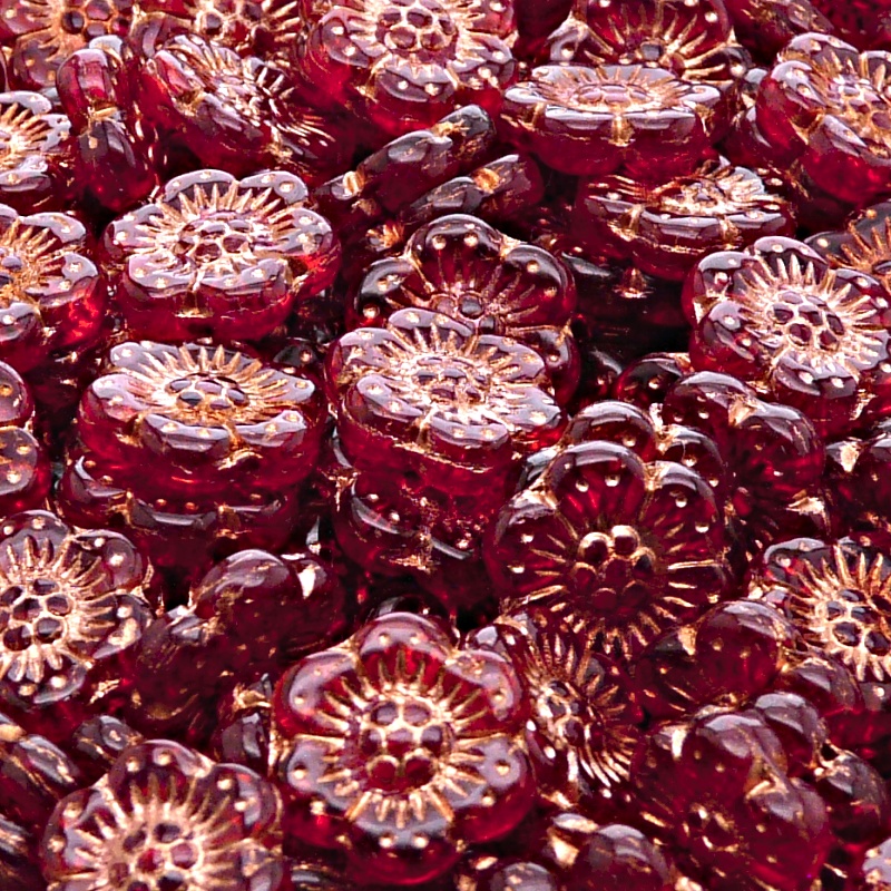 8pcs Czech Pressed Glass Flat Flower Beads 14mm Ruby Bronze Fired Color